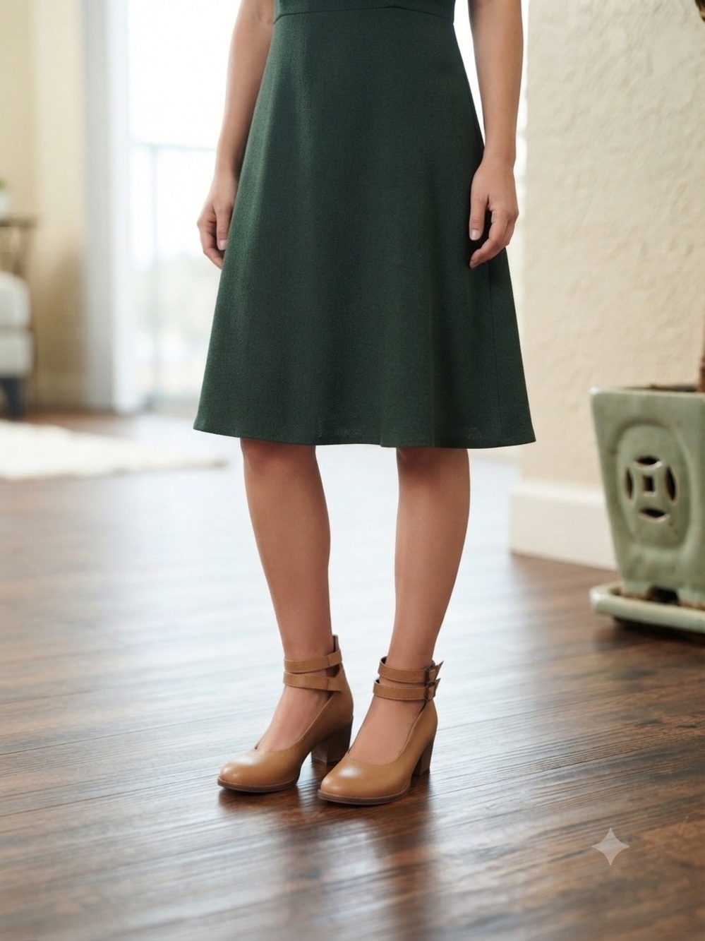 Tan Fat Heel Shoe with Ankle Straps